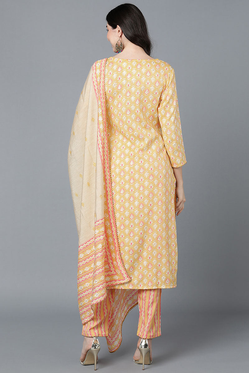Yellow Pure Cotton Straight Suit Set | SHOBITAM