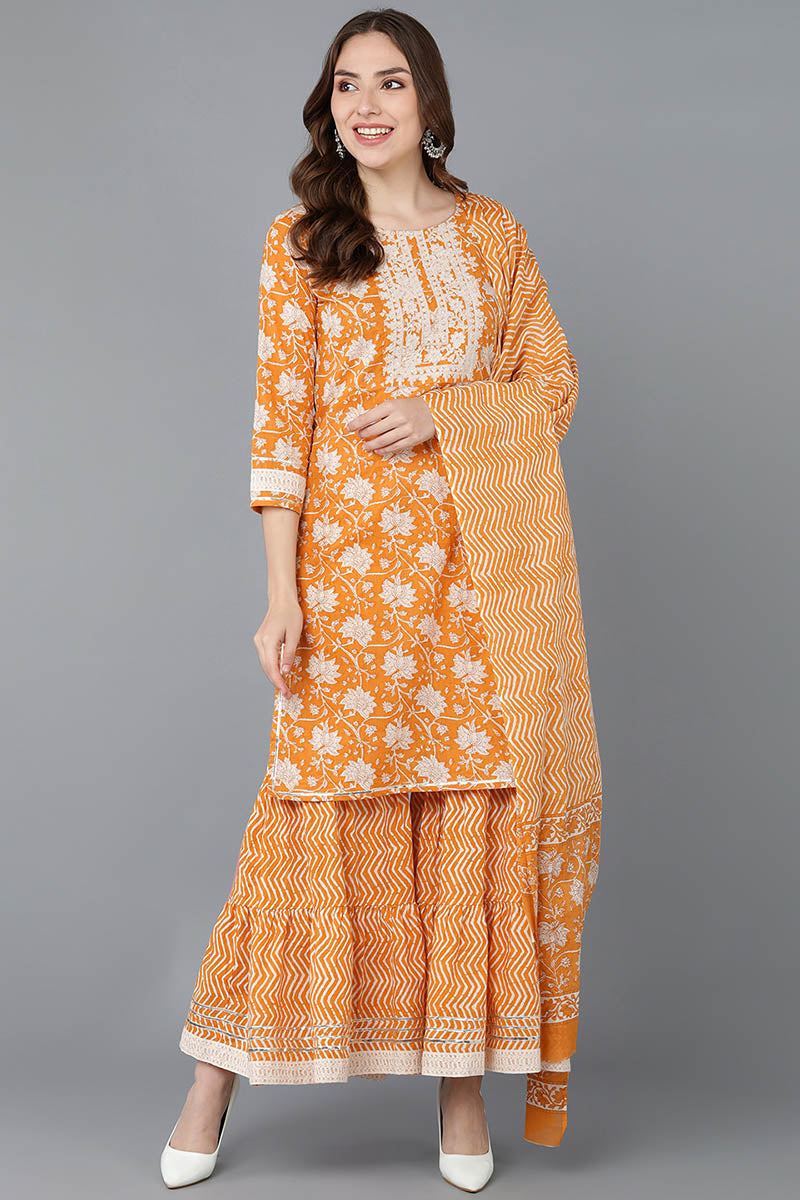 Orange Cotton Straight Kurta Sharara With Dupatta | SHOBITAM