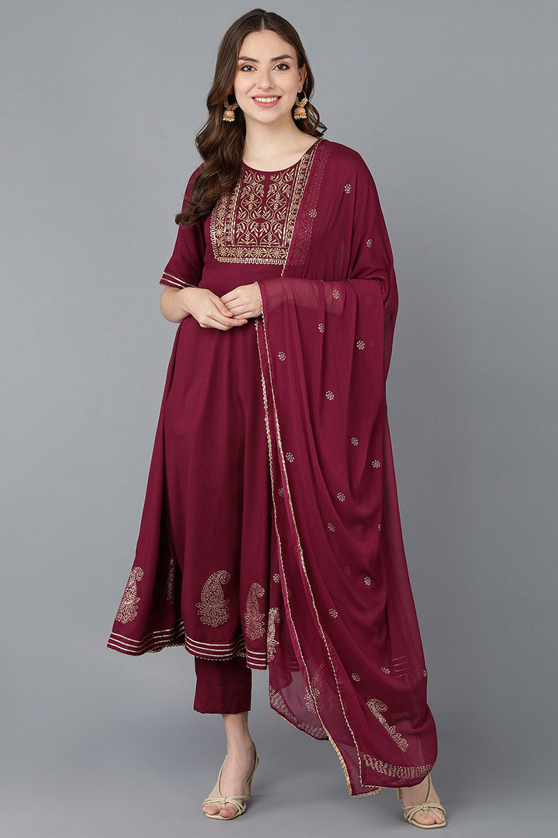 Burgundy Silk Blend Anarkali Suit Set | SHOBITAM