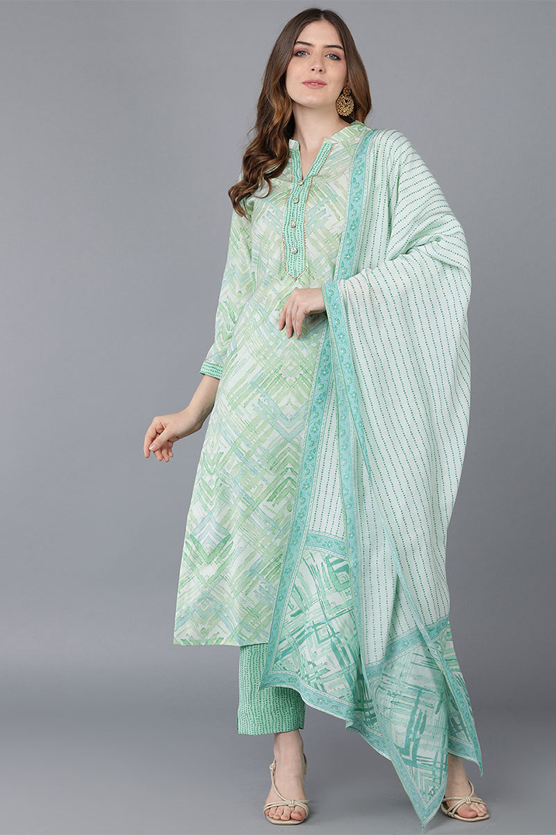 Green Poly Silk Straight Kurta Pant With Dupatta | SHOBITAM