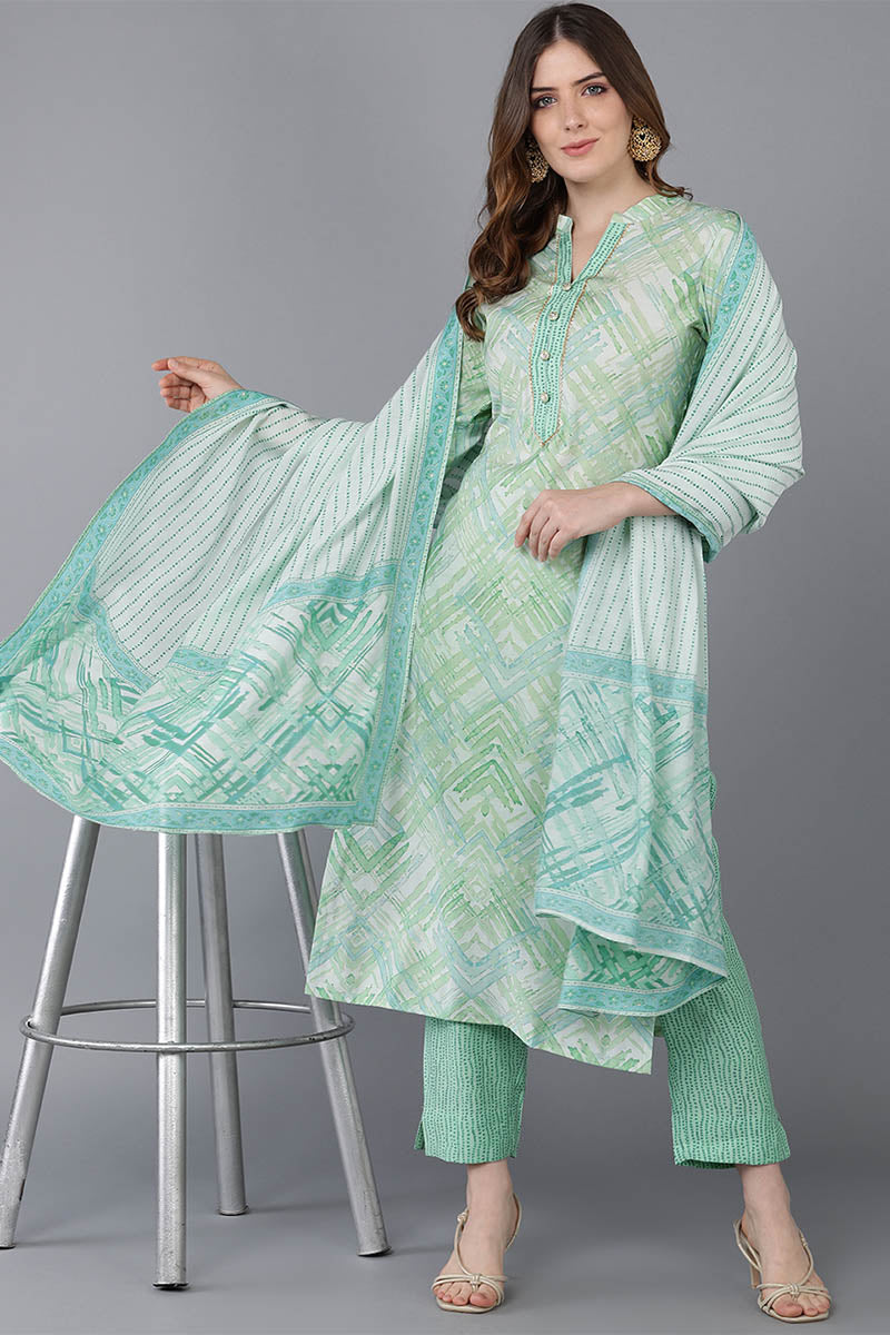 Green Poly Silk Straight Kurta Pant With Dupatta | SHOBITAM