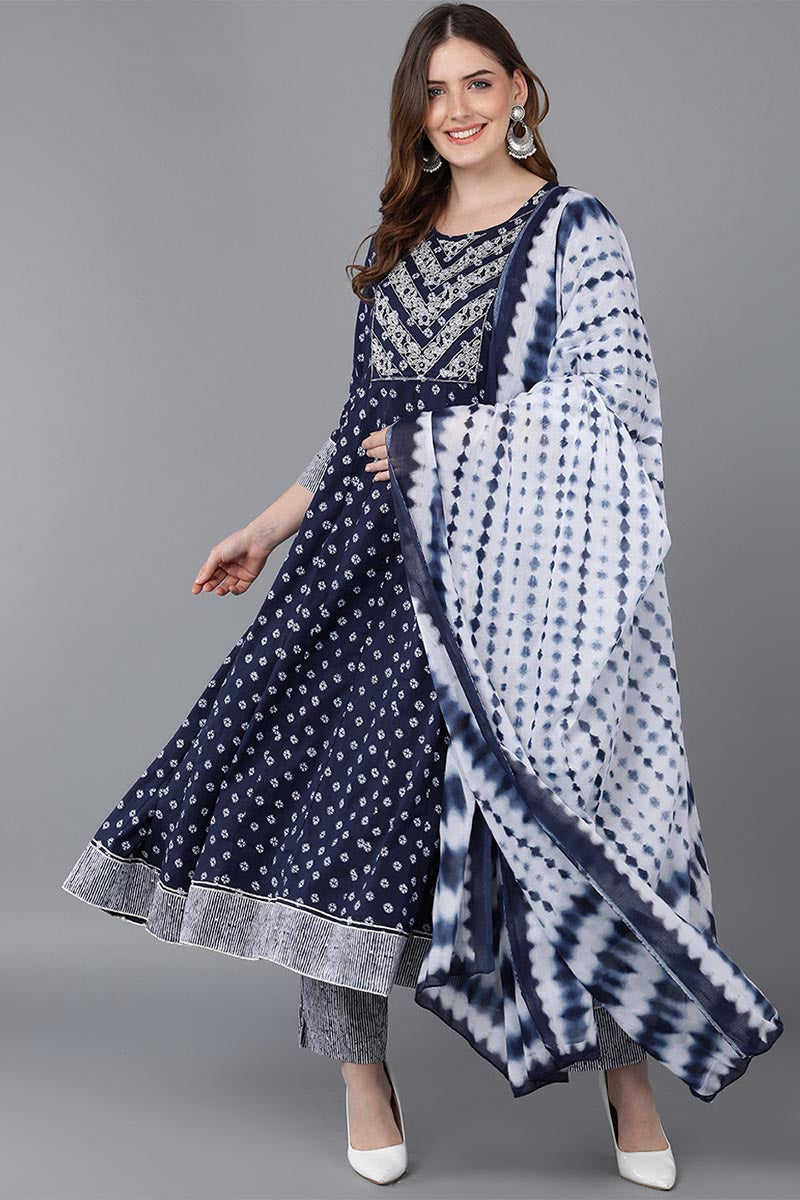Blue Pure Cotton Anarkali Suit Set | SHOBITAM