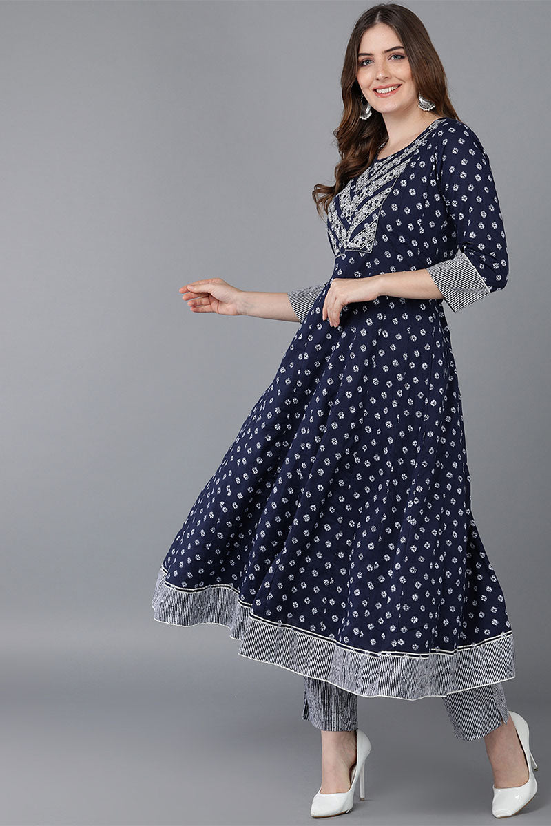 Blue Pure Cotton Anarkali Suit Set | SHOBITAM