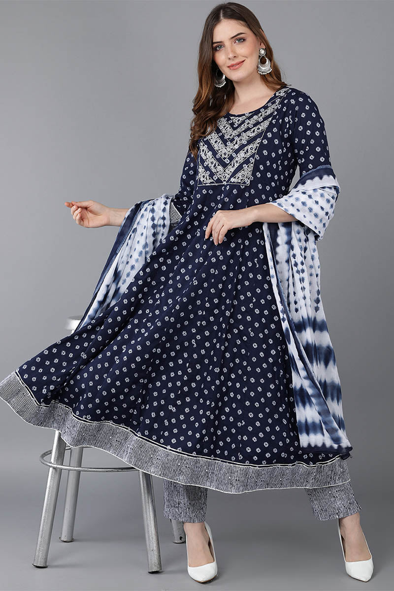 Blue Pure Cotton Anarkali Suit Set | SHOBITAM