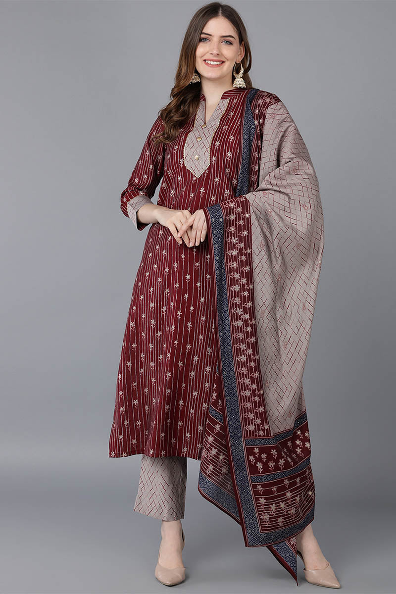 Maroon Poly Silk Straight Kurta Pant With Dupatta | SHOBITAM