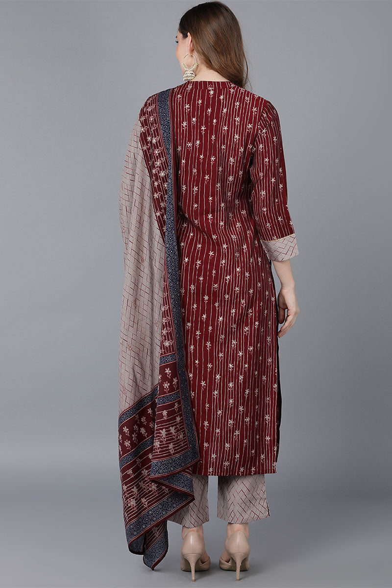 Maroon Poly Silk Straight Kurta Pant With Dupatta | SHOBITAM