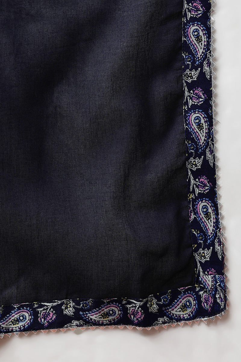 Navy Blue Pure Cotton Straight Kurta Palazzo With Dupatta | SHOBITAM