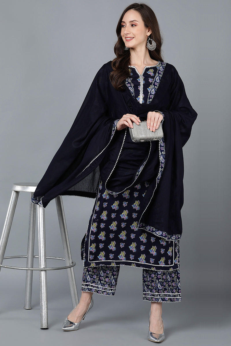 Navy Blue Pure Cotton Straight Kurta Palazzo With Dupatta | SHOBITAM