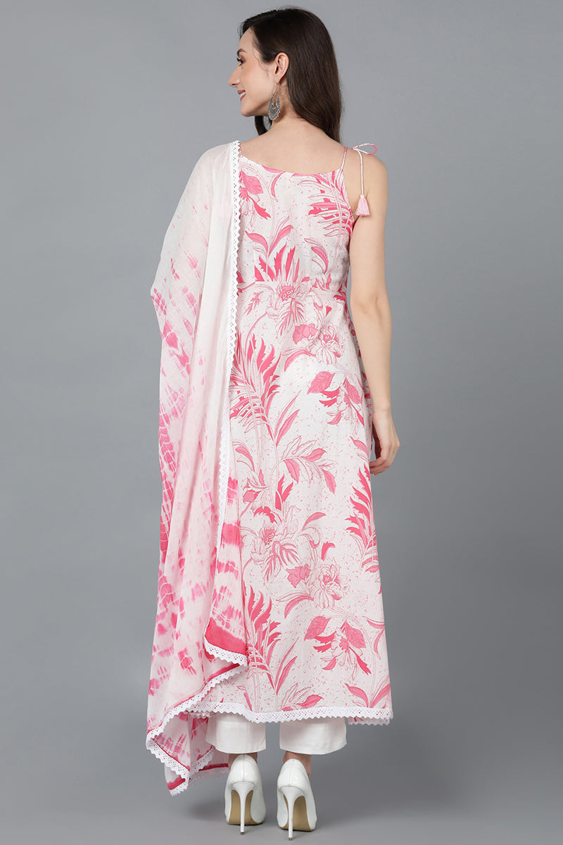 White Pure Cotton A-Line Kurta Pant With Dupatta | SHOBITAM