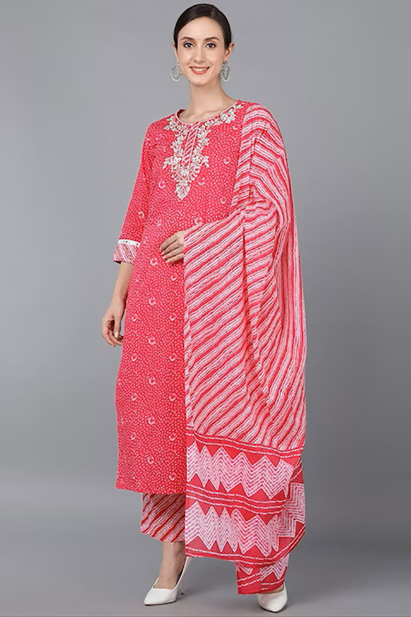 Pink Pure Cotton Bandhani Straight Suit Set | SHOBITAM
