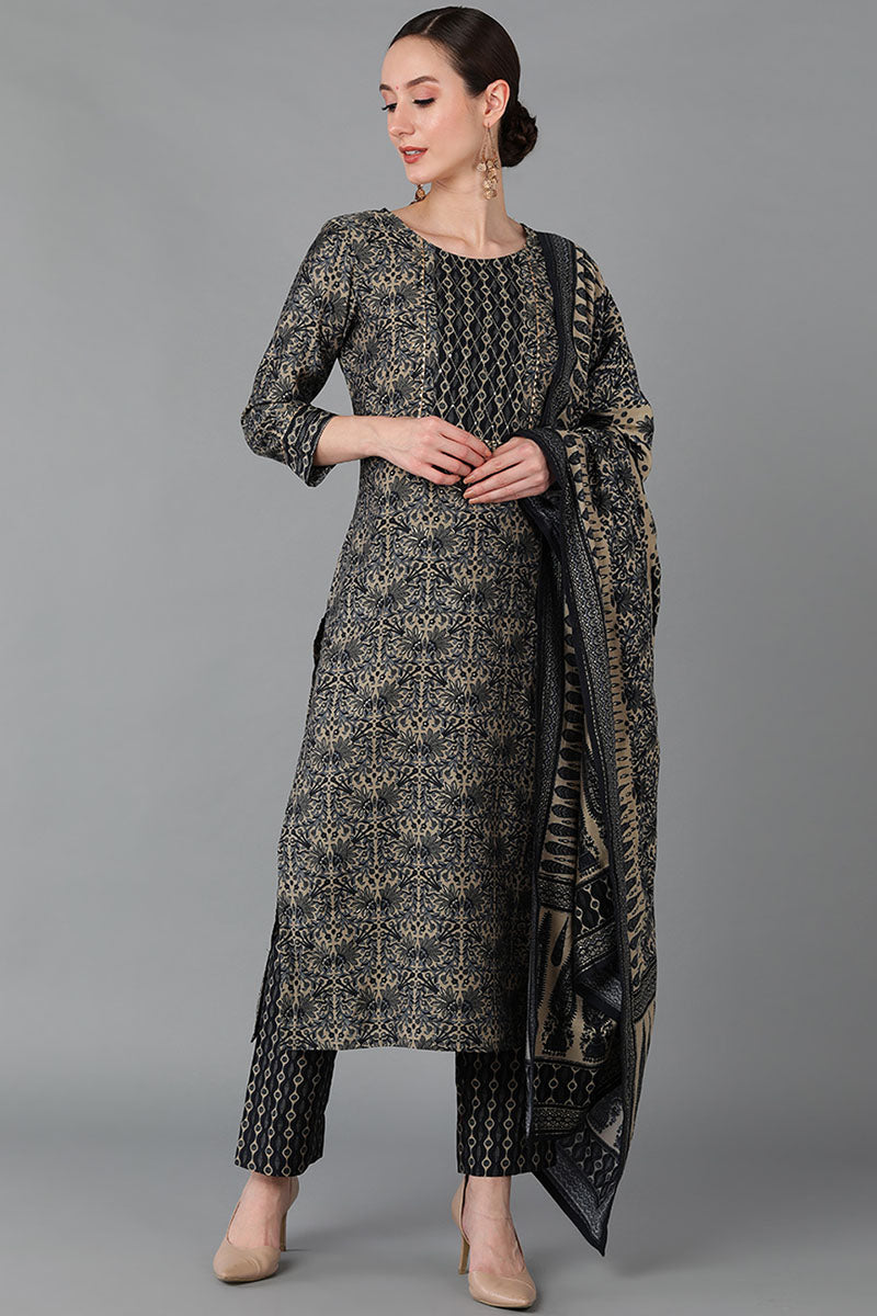 Black Silk Blend Straight Kurta Pant With Dupatta | SHOBITAM