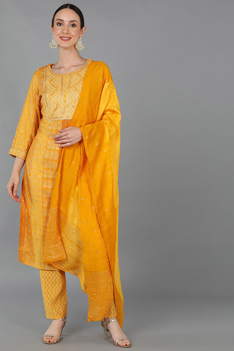 Mustard Silk Blend Ethnic Motifs Straight Kurta Trousers With Dupatta | SHOBITAM