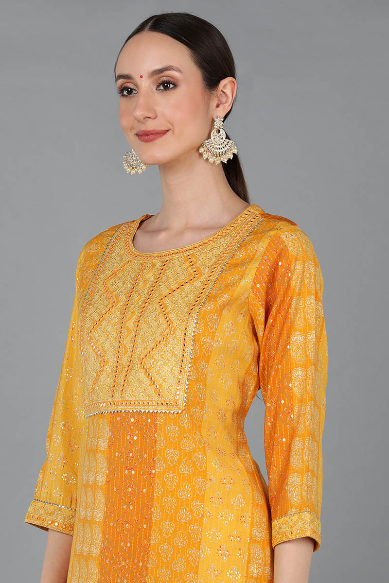 Mustard Silk Blend Ethnic Motifs Straight Kurta Trousers With Dupatta | SHOBITAM