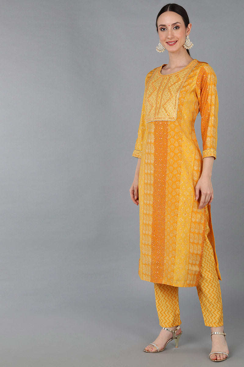 Mustard Silk Blend Ethnic Motifs Straight Kurta Trousers With Dupatta | SHOBITAM