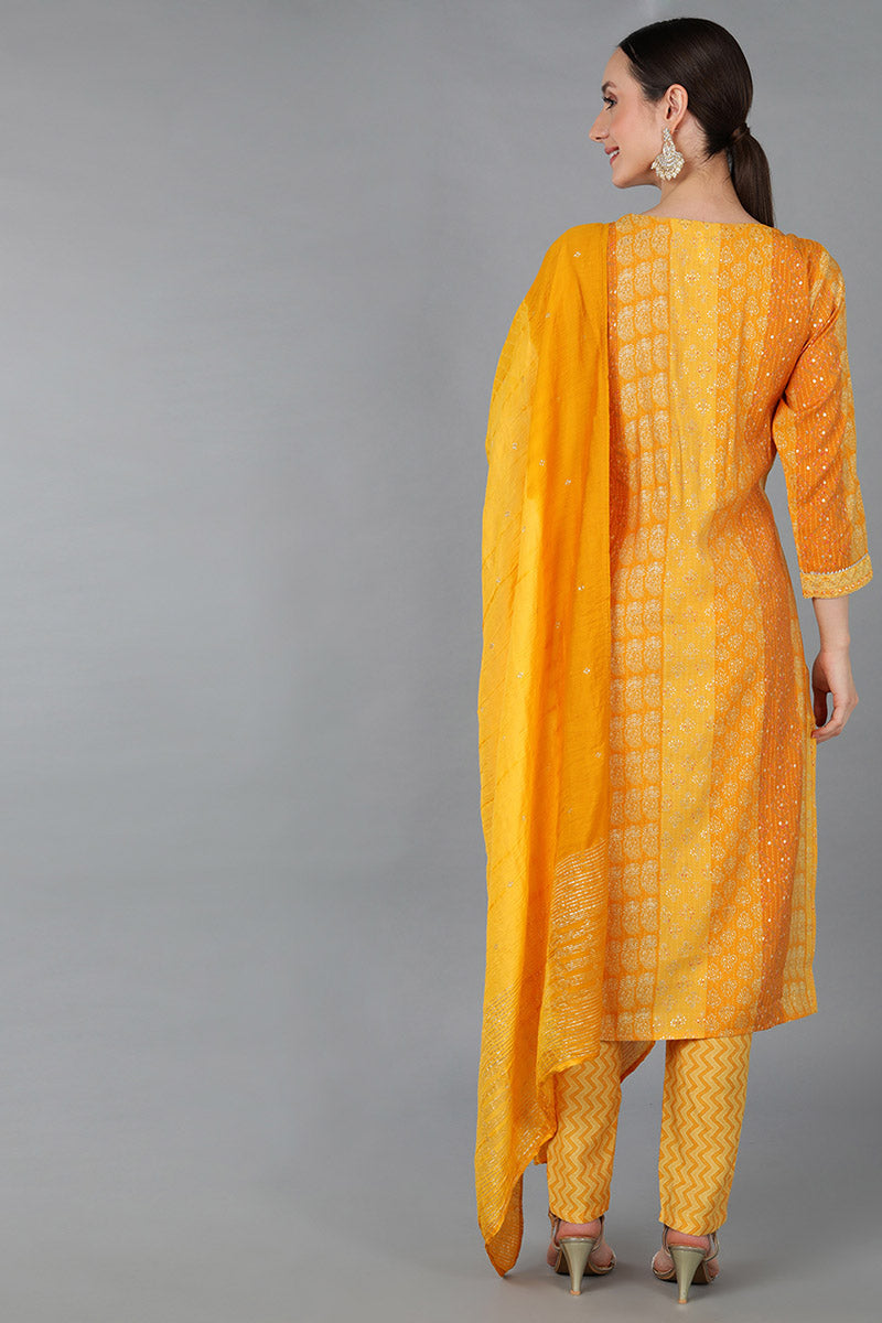Mustard Silk Blend Ethnic Motifs Straight Kurta Trousers With Dupatta | SHOBITAM