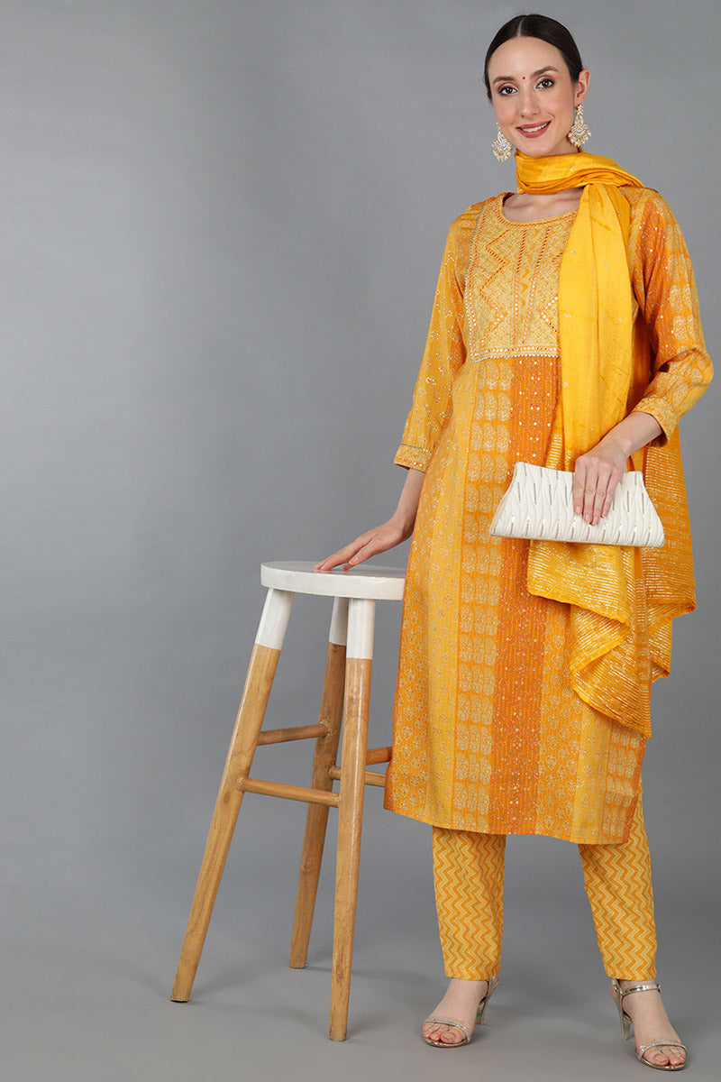 Mustard Silk Blend Ethnic Motifs Straight Kurta Trousers With Dupatta | SHOBITAM