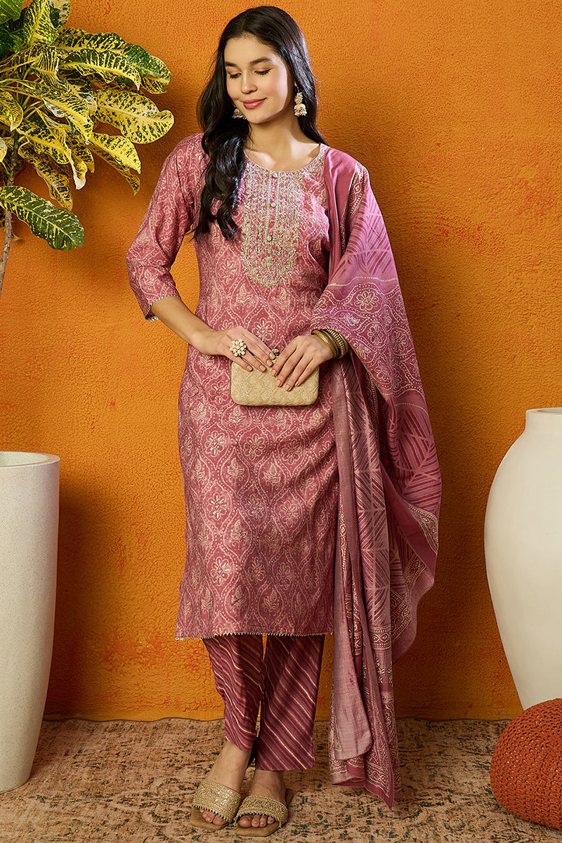Pink Silk Blend Bandhani Print Embroidered Straight Suit Set | SHOBITAM
