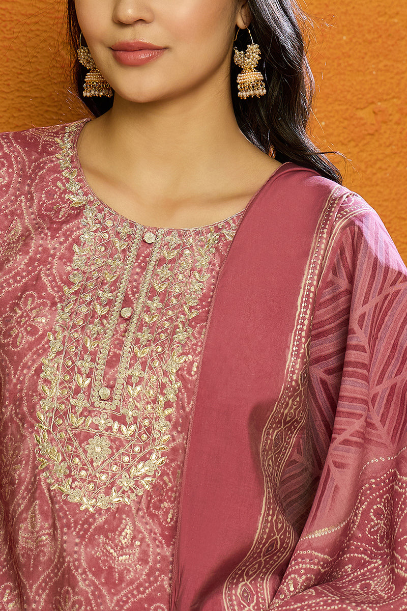 Pink Silk Blend Bandhani Print Embroidered Straight Suit Set | SHOBITAM