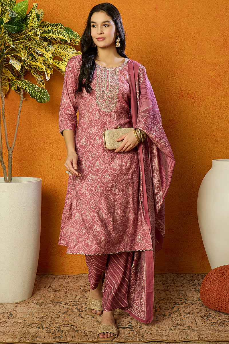 Pink Silk Blend Bandhani Print Embroidered Straight Suit Set | SHOBITAM