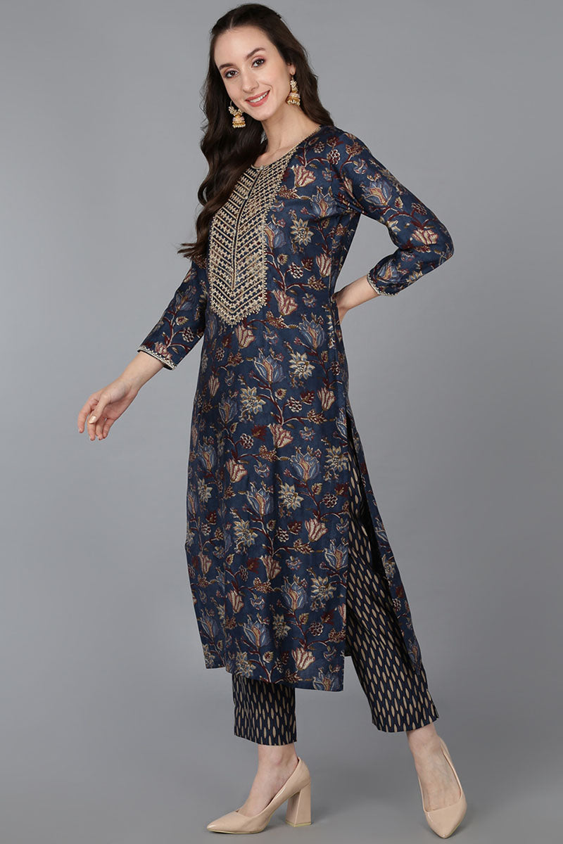 Blue Silk Blend Floral Print Embroidered Straight Suit Set | SHOBITAM
