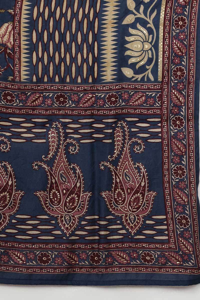 Blue Silk Blend Floral Print Embroidered Straight Suit Set | SHOBITAM