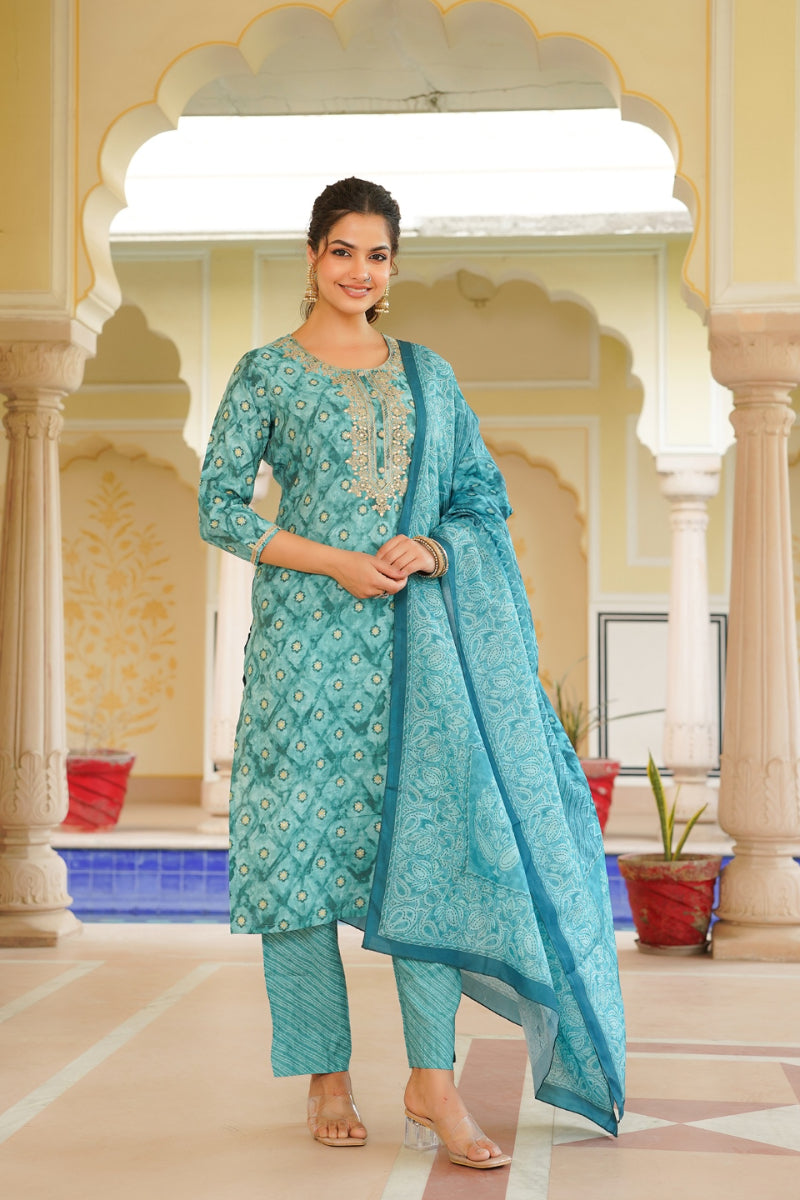 Sea Green Silk Blend Ombre Straight Kurta Trousers With Dupatta | SHOBITAM