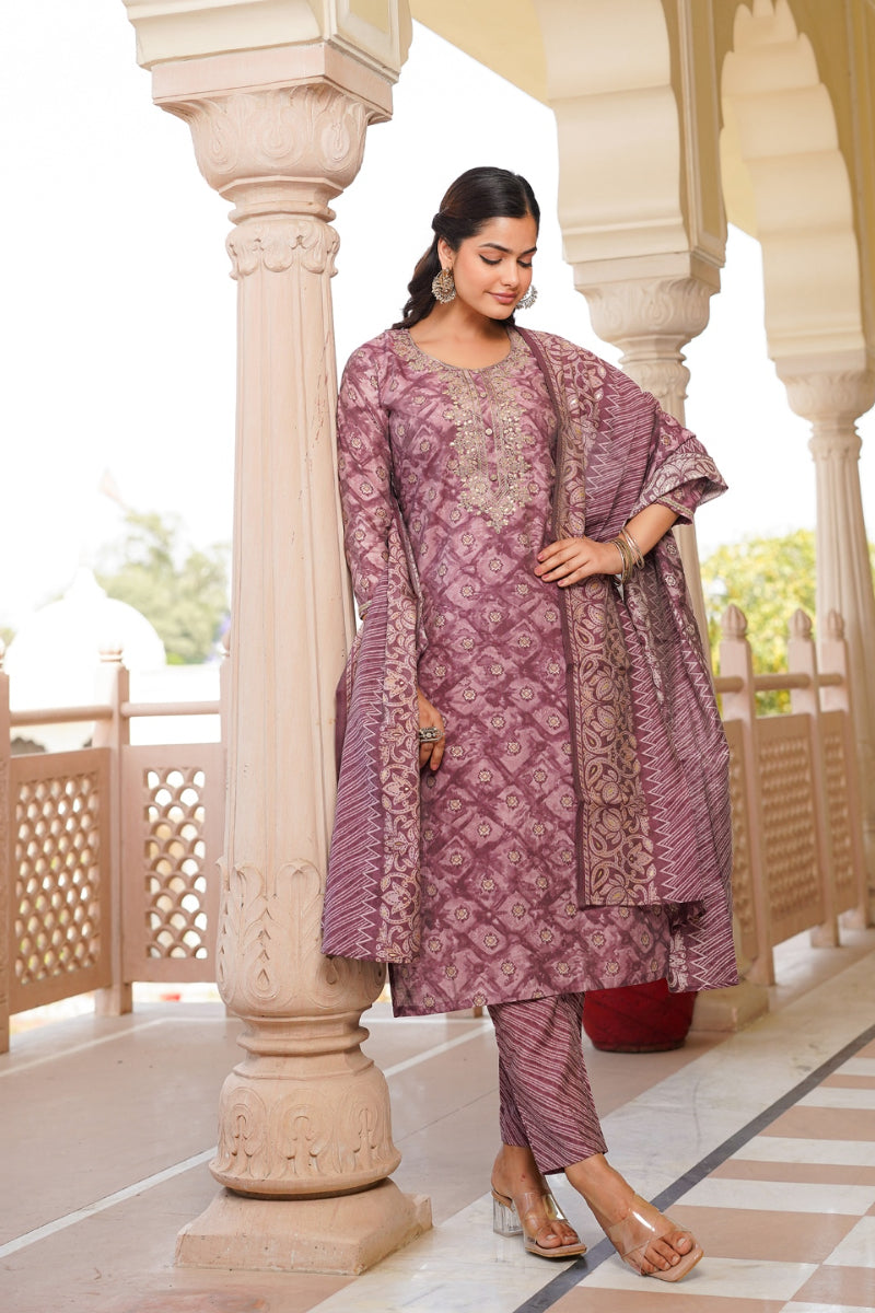Mauve Silk Blend Ombre Straight Kurta Trousers With Dupatta | SHOBITAM