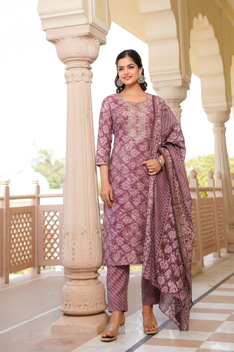 Mauve Silk Blend Ombre Straight Kurta Trousers With Dupatta | SHOBITAM