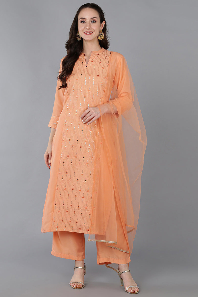 Peach Silk Blend Solid Straight Suit Set | SHOBITAM