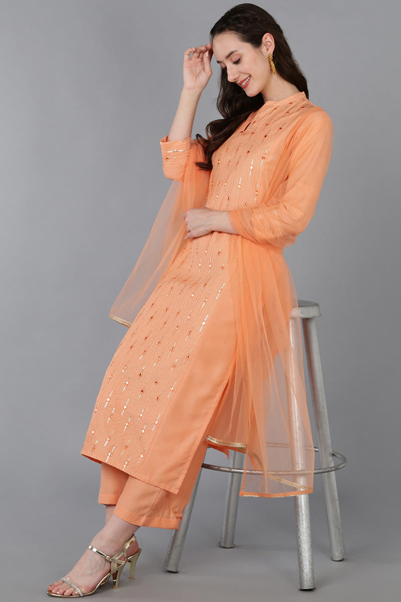 Peach Silk Blend Solid Straight Suit Set | SHOBITAM