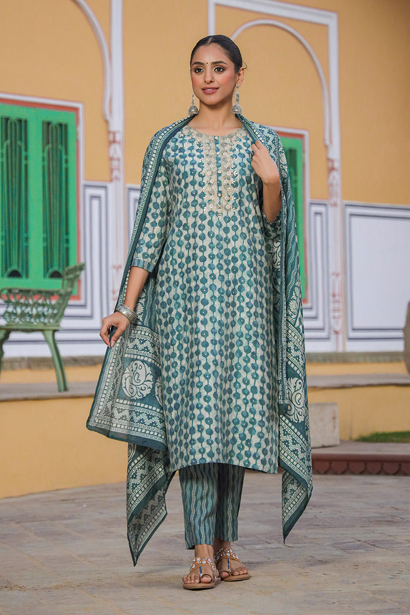 Green Silk Blend Abstract Straight Kurta Trousers With Dupatta | SHOBITAM