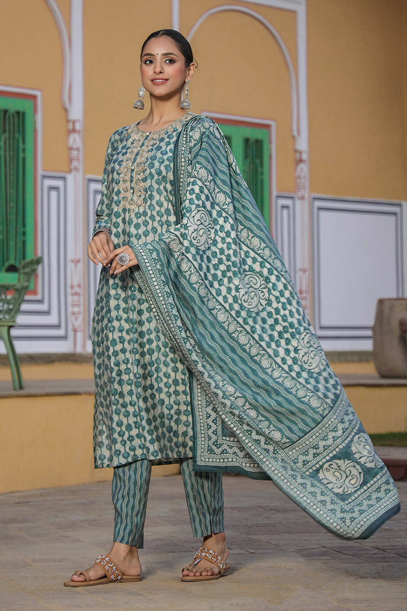 Green Silk Blend Abstract Straight Kurta Trousers With Dupatta | SHOBITAM