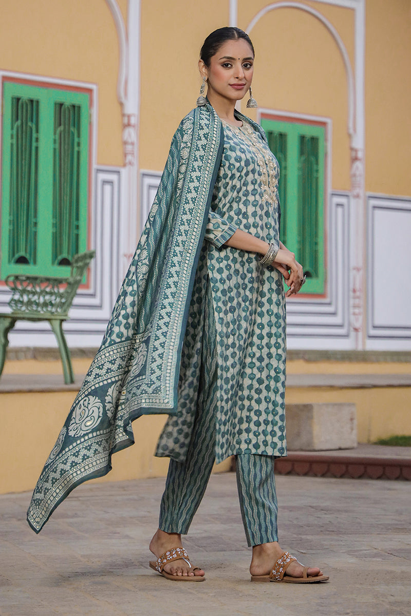 Green Silk Blend Abstract Straight Kurta Trousers With Dupatta | SHOBITAM