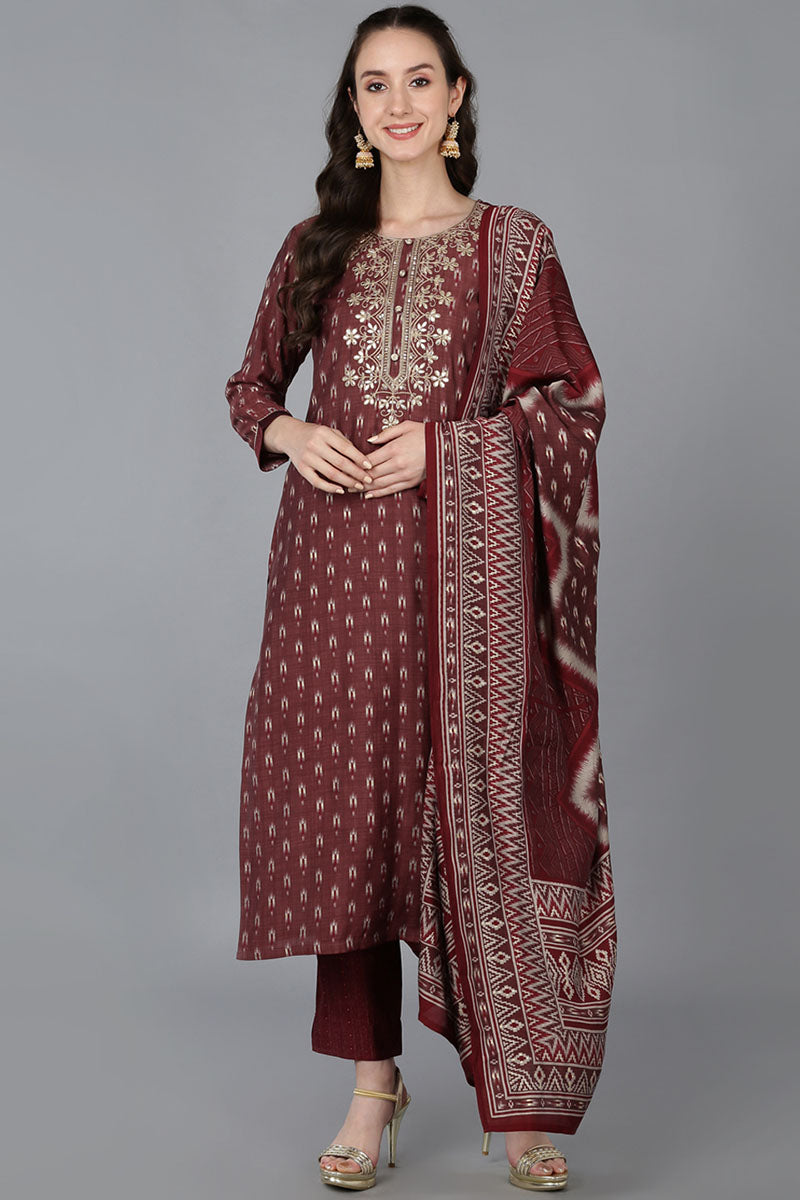 Maroon Silk Blend Geometric Straight Kurta Trousers With Dupatta | SHOBITAM
