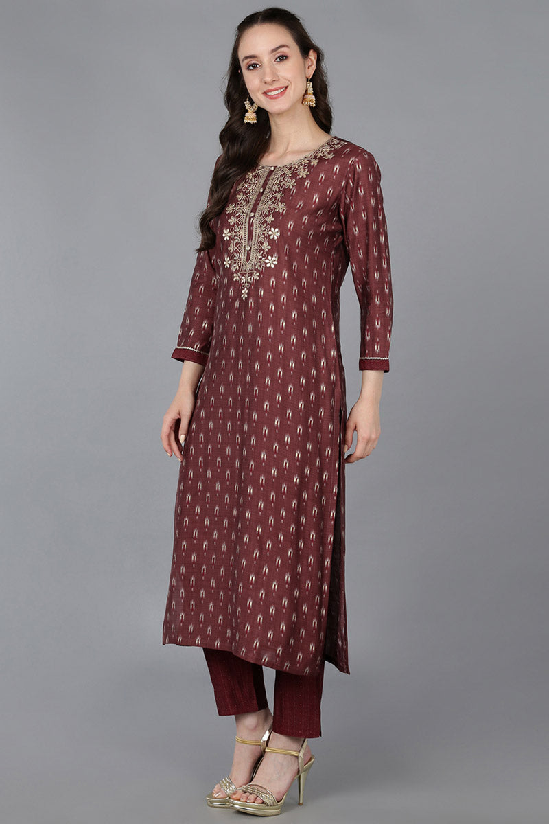 Maroon Silk Blend Geometric Straight Kurta Trousers With Dupatta | SHOBITAM
