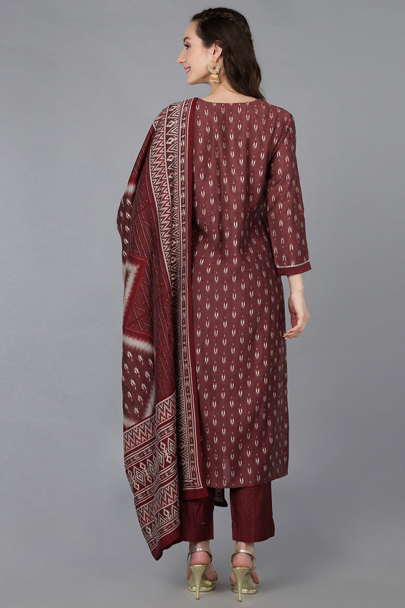 Maroon Silk Blend Geometric Straight Kurta Trousers With Dupatta | SHOBITAM