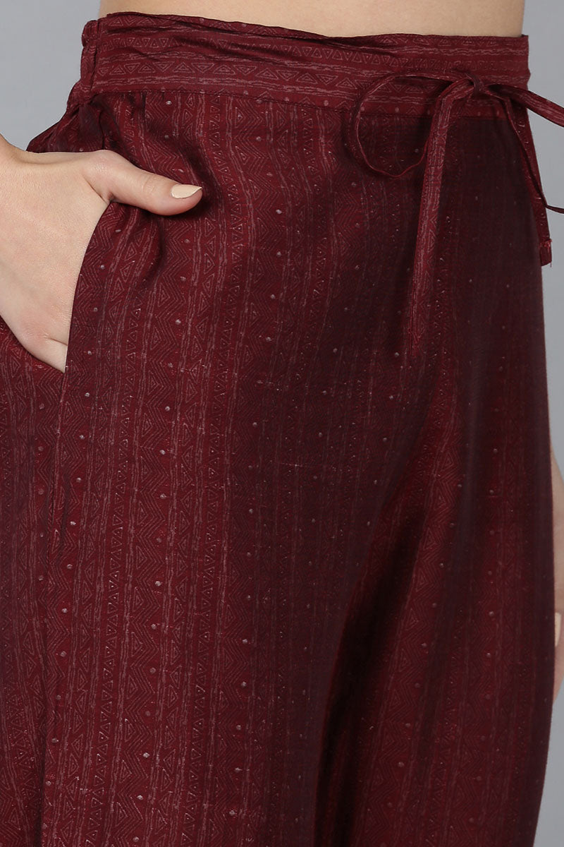 Maroon Silk Blend Geometric Straight Kurta Trousers With Dupatta | SHOBITAM