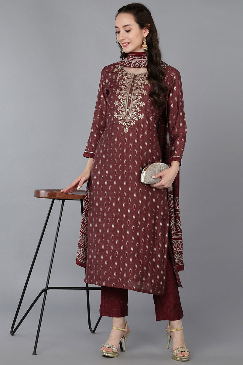 Maroon Silk Blend Geometric Straight Kurta Trousers With Dupatta | SHOBITAM