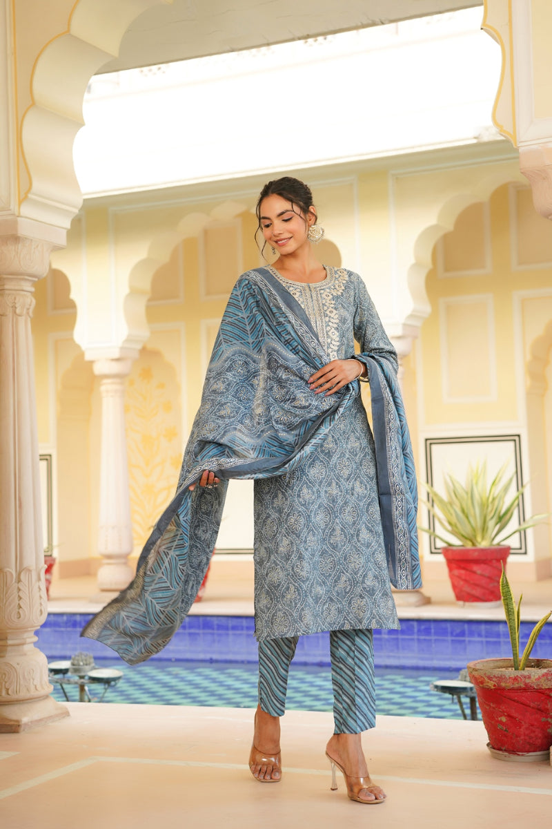 Grey Silk Blend Straight Kurta Pant With Dupatta | SHOBITAM