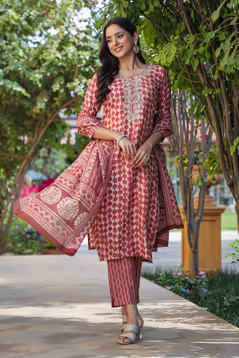Red Silk Blend Embroidered Geometric Printed Kurta Pant With Dupatta | SHOBITAM