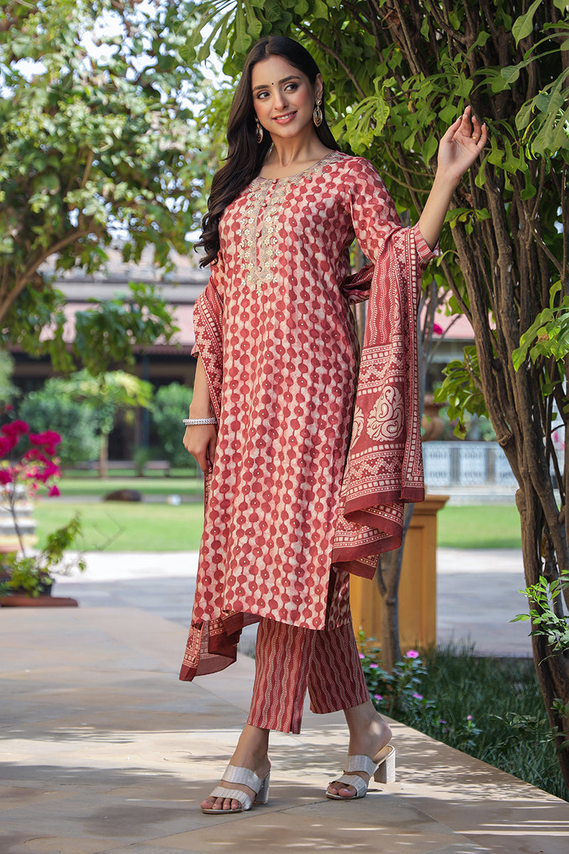 Red Silk Blend Embroidered Geometric Printed Kurta Pant With Dupatta | SHOBITAM