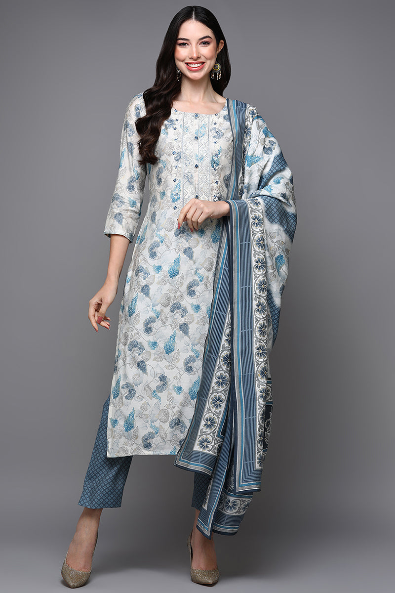 Off White Poly Chanderi Floral Straight Suit Set |SHOBITAM