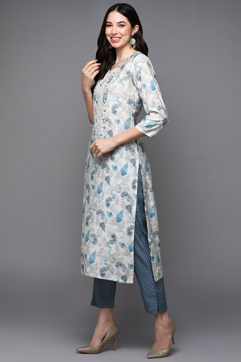 Off White Poly Chanderi Floral Straight Suit Set |SHOBITAM