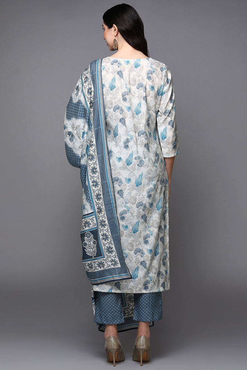 Off White Poly Chanderi Floral Straight Suit Set |SHOBITAM