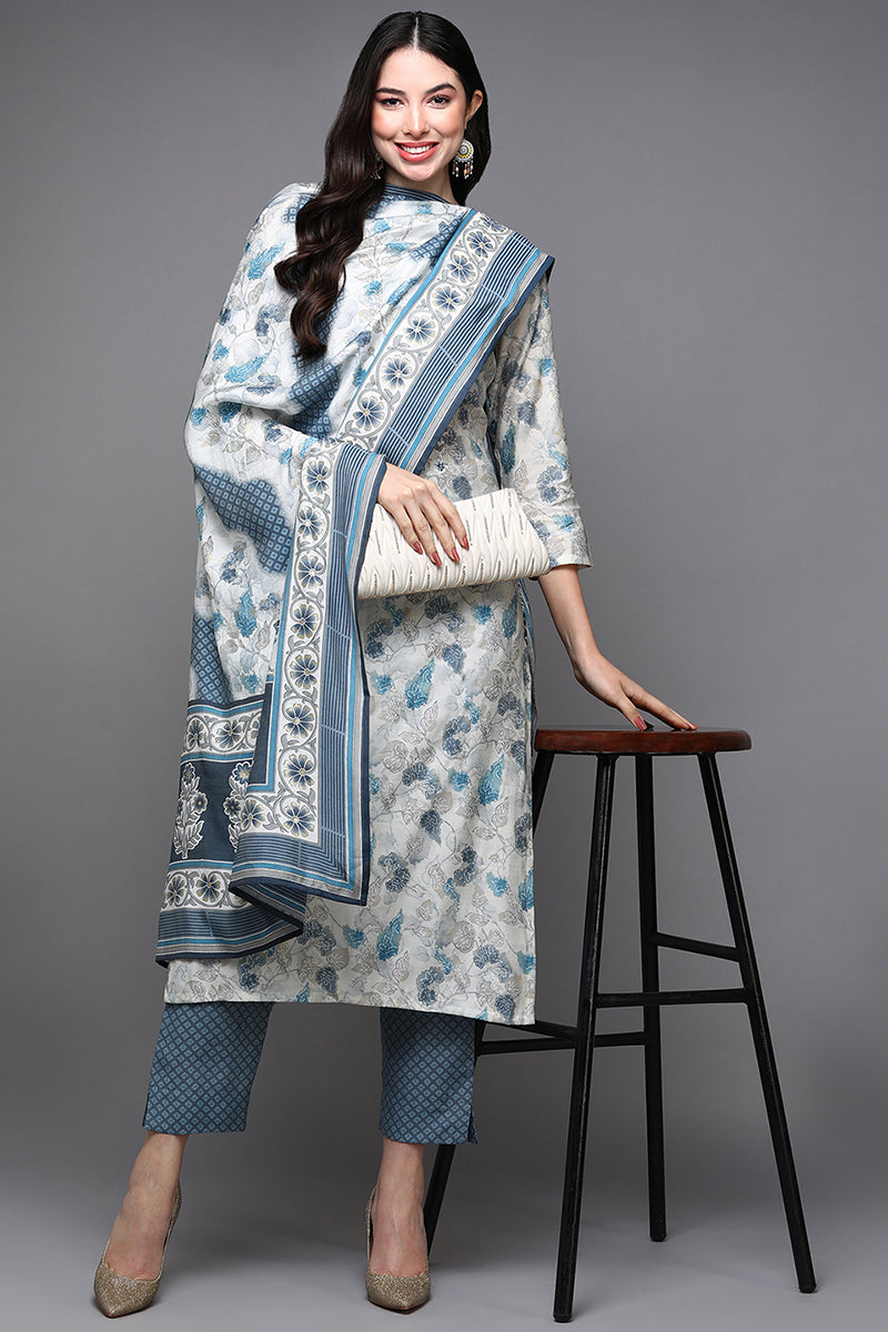 Off White Poly Chanderi Floral Straight Suit Set |SHOBITAM