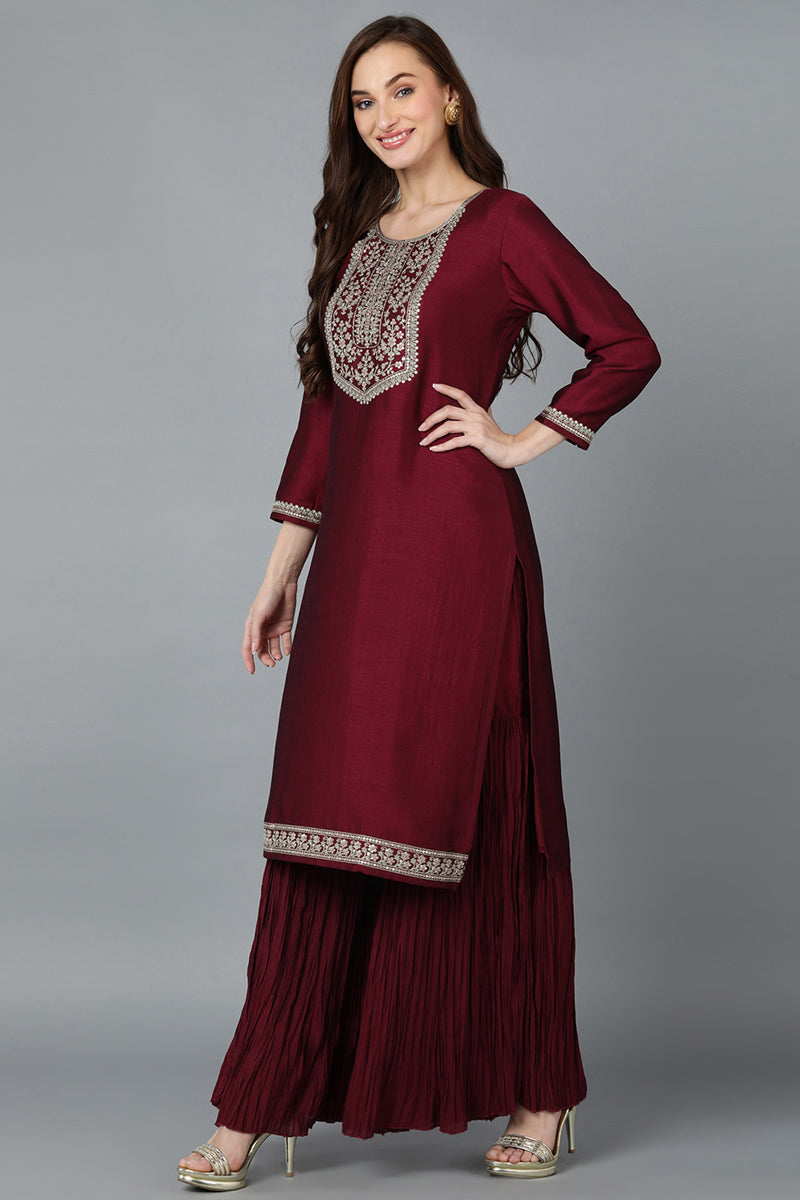 Maroon Silk Blend Yoke Design Kurti Sharara With Dupatta | SHOBITAM