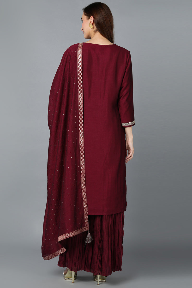 Maroon Silk Blend Yoke Design Kurti Sharara With Dupatta | SHOBITAM