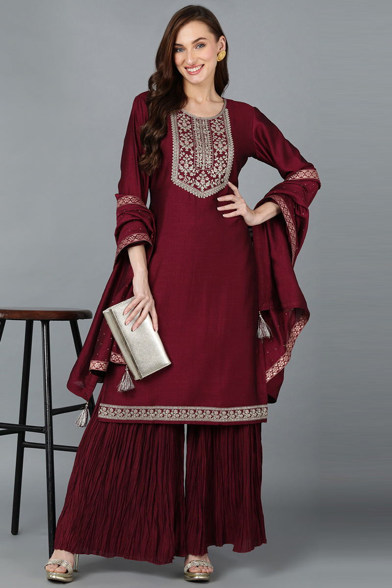 Maroon Silk Blend Yoke Design Kurti Sharara With Dupatta | SHOBITAM