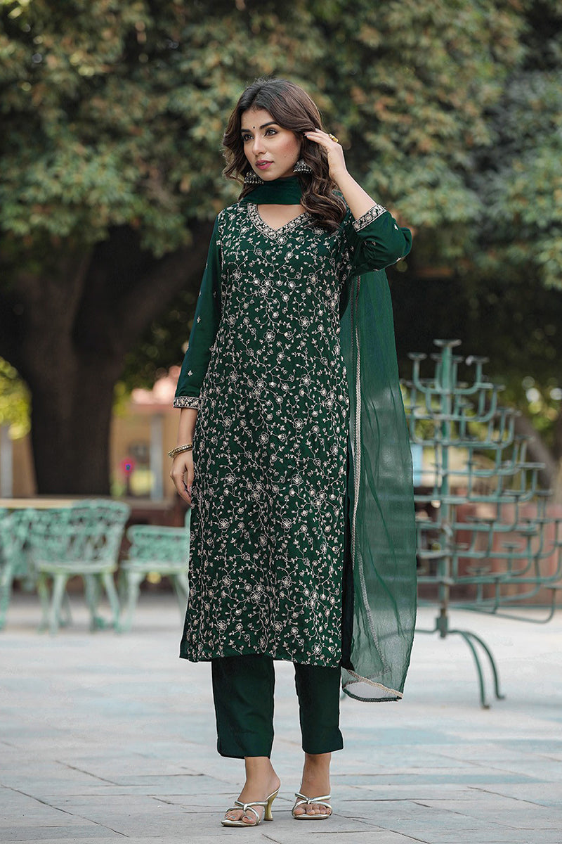 Green Silk Blend Embroidered Kurta Pant With Dupatta | SHOBITAM