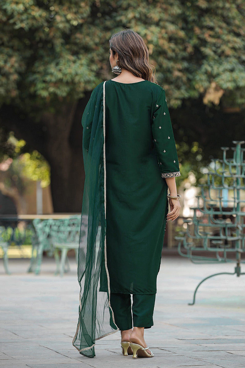 Green Silk Blend Embroidered Kurta Pant With Dupatta | SHOBITAM